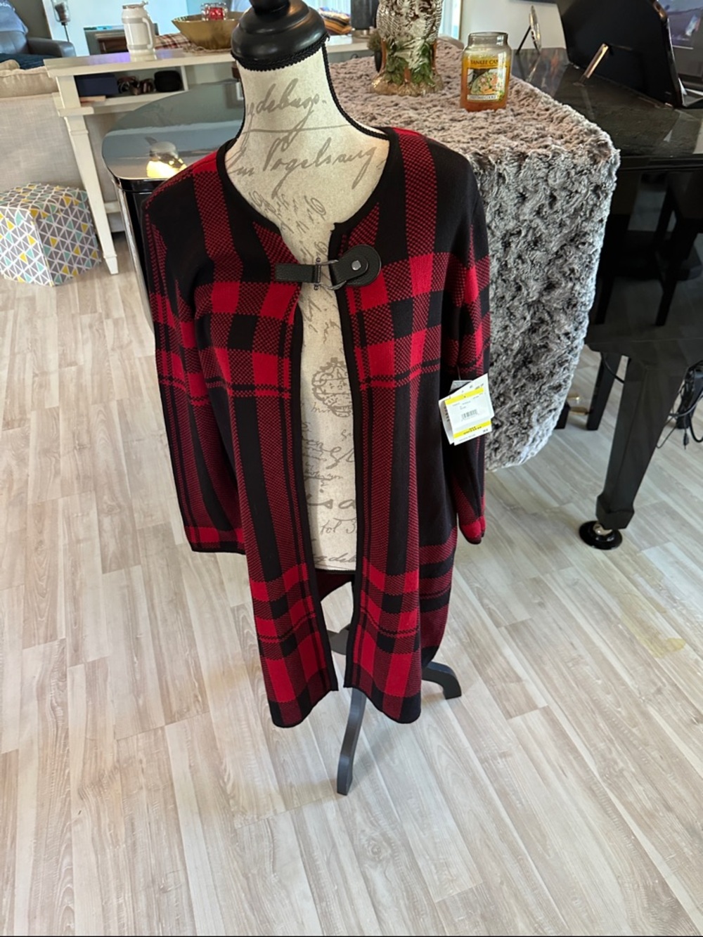 Plaid Open-Front Knit Cardigan sweater in Red and Black stretchy nwt